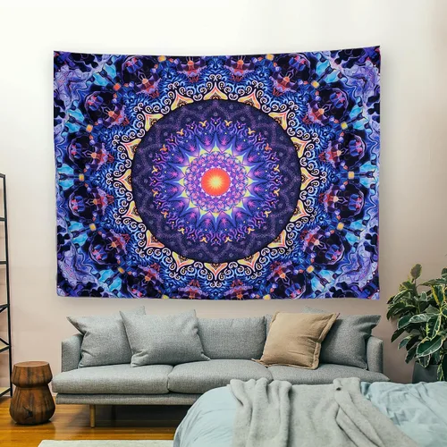Miniatura 3 de OSVINO Tapiz de mandala trippy de luz negra, 59 x 51 pulgadas, tapiz de fantasía reactiva a los rayos UV, decoración de pared para sala de estar