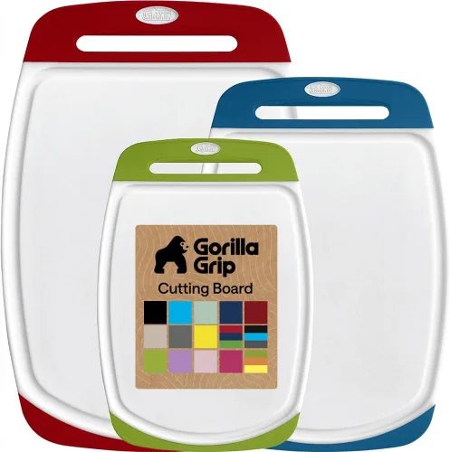 Miniatura 17 de GORILLA GRIP Juego de 3 tablas de cortar de cocina reversibles sin BPA, diseñadas en Estados Unidos, no porosas, ranuras para jugos, borde
