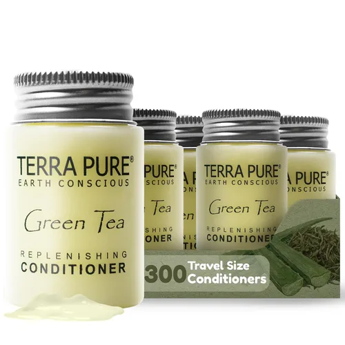 Terra Pure - Acondicionador de hotel de tamaño de viaje, 300 unidades, botellas de 1 oz, amenidades de huéspedes para hoteles, alquileres de