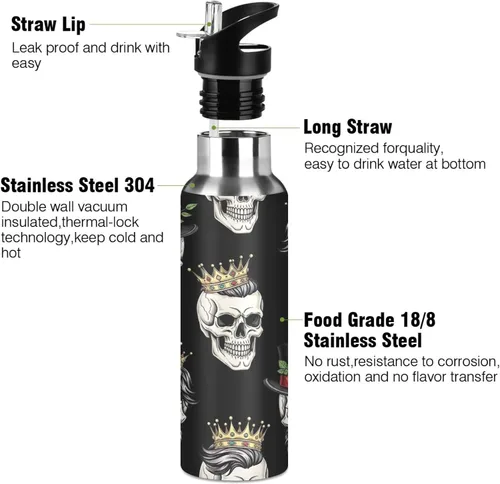 Miniatura 3 de Funny Skulls Black Insulated Stainless Steel Water Bottle with Straw 20 Oz, BPA-Free Sport Water Bottle Insulated Leakproof Water Bottles