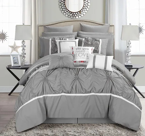 Chic Home – Juego de cama con cobertor, de 16 unidades, Ashville, floral, con volados plisados, cama en una bolsa, color gris., Plateado, King