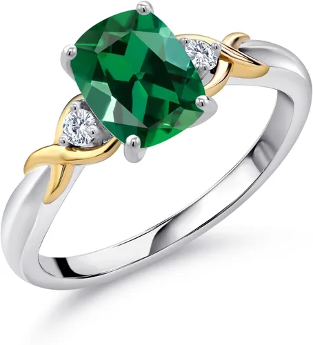 Miniatura 56 de Gem Stone King Anillo de compromiso de 3 piedras preciosas de plata 925 y oro amarillo de 10 quilates de 0.315 x 0.236 in de talla cojín y diamante
