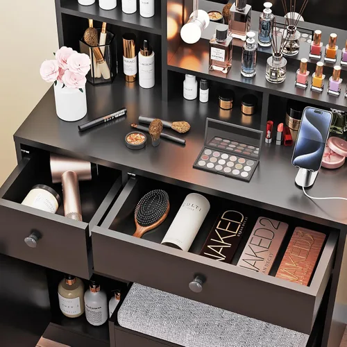 Miniatura 5 de Escritorio de tocador con espejo, luces y tira de corriente, tocador pequeño para espacios pequeños, mesa de maquillaje moderna con 4 cajones