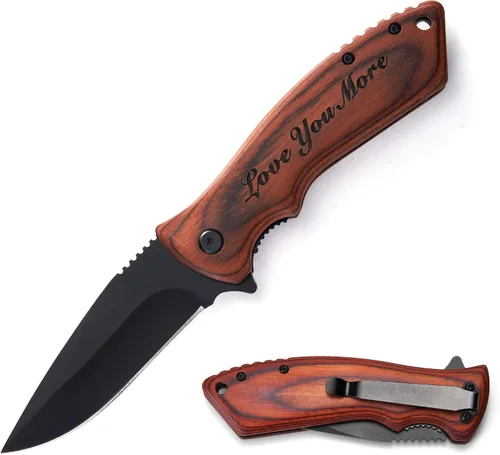 Miniatura 10 de Cuchillo plegable de bolsillo personalizado grabado con caja de madera para novio, marido, papá, hijo, cuchillo de caza de pesca único para hombres