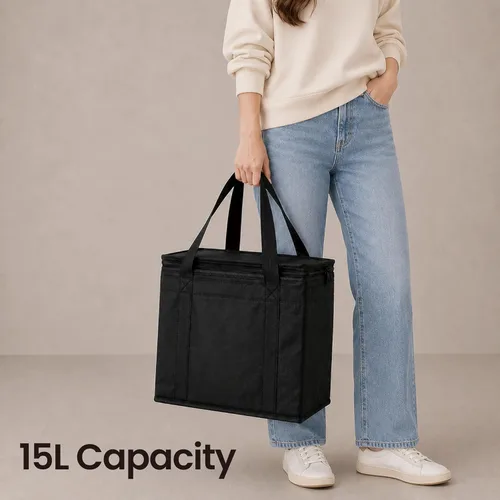Miniatura 55 de NZ home Bolsa térmica XXL aislada y calentador de alimentos para entrega y compras de comestibles con parte superior con cremallera, color negro