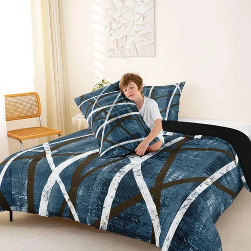 Miniatura 4 de Erosebridal Edredón azul marino tamaño individual, juego de ropa de cama a rayas de acuarela para adultos, relleno interior de edredón geométrico