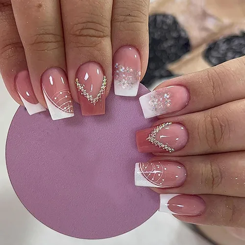 Miniatura 22 de 24 uñas postizas cuadradas de color negro brillante, de cobertura completa, con diseños de notas musicales, uñas postizas acrílicas con pegamento
