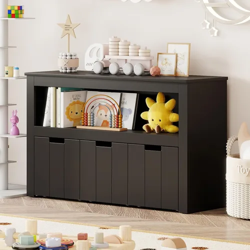 Miniatura 9 de HONEY JOY Organizador de almacenamiento de juguetes para niños, estante de guardería para niños, 3 cajas de juguetes de madera con ruedas, armario