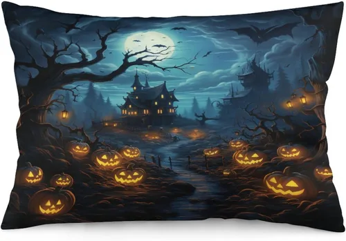 Miniatura 30 de Fundas de almohada frescas de casa embrujada, castillo, luna, bosque medieval, calabaza, fundas de almohada rectangulares con cremallera invisible