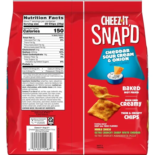 Miniatura 3 de Cheez-It Snap'd Chips de Galletas de Queso, Crujientes Delgadas, Aperitivos para el Almuerzo, Cheddar Crema Agria y Cebolla, Caja de 45oz (6 Bolsas)