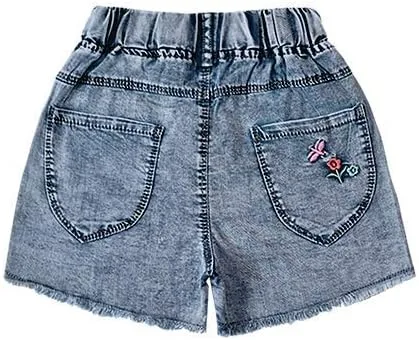Miniatura 2 de Peacolate Pantalones cortos de mezclilla de verano para niñas pequeñas y grandes de 2 a 11 años, cintura elástica, bordado de flores, pantalones