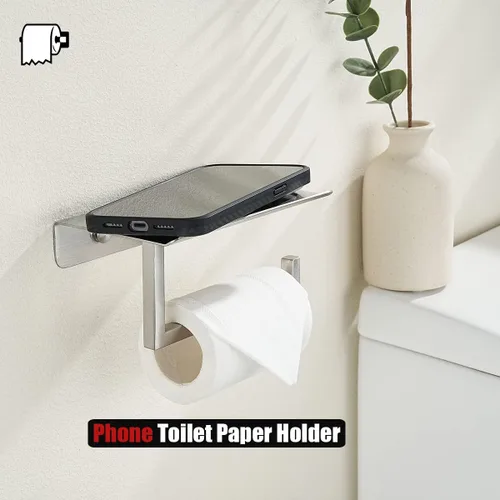 Miniatura 5 de JQK Estante para papel higiénico, soporte para rollo de papel higiénico con estante para teléfono, dispensador de papel de seda de acero inoxidable