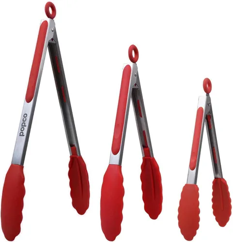Popco Juego de pinzas de cocina de 3 piezas, puntas de silicona resistentes al calor, agarre fuerte y cómodo, 3 tamaños (7, 9, 12 pulgadas), Rojo
