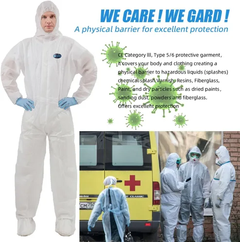 Miniatura 3 de Overol de protección desechable, monos desechables con pretina elástica con cierre delantero y puños tobilleros, traje de aislamiento SMS con Blanco