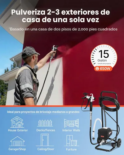Miniatura 2 de VEVOR Pulverizador de pintura sin aire, 650 W, 3000 PSI de alta presión sin aire con carro, cepillo de limpieza, manguera, barra de extensión