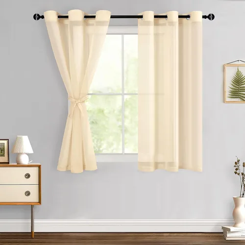 Miniatura 60 de Hiasan - Cortinas traslúcidas de gasa cortas semitransparentes con ojales y alzapaños filtrantes de luz para ventana, dormitorio, baño, 2 paneles
