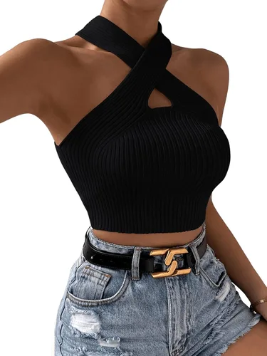 Miniatura 5 de SweatyRocks Camiseta sin mangas casual con cuello halter cruzado para mujer, de punto acanalado
