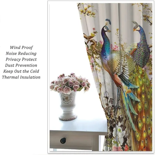 Miniatura 5 de Cortina opaca con estampado de pavo real, con estampado de animales retro, con bolsillo para cortinero y flores de peonía doradas, para dormitorio
