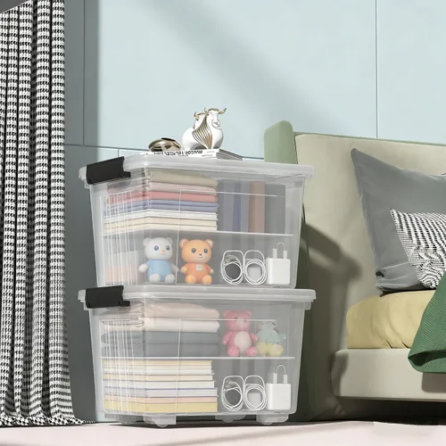 Miniatura 7 de Contenedor de almacenamiento apilable de 50 litros con tapa, contenedor de plástico con pestillos resistentes para organizar, transparente, paquete