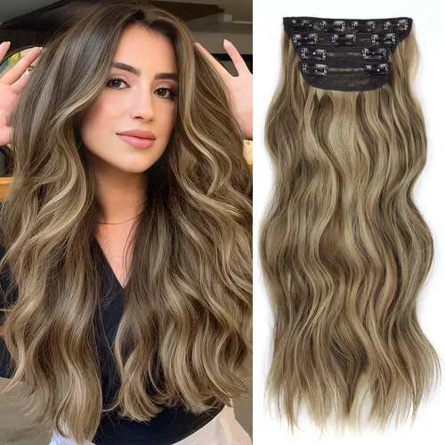 Miniatura 27 de 4 piezas de extensiones de cabello rizado con clip, color dorado oscuro, mezcla de rubio beige, sintético de 20 pulgadas de largo, extensiones
