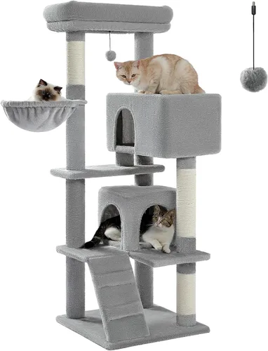Miniatura 15 de Árbol para gatos de interior, 2 acogedores condominios con espaciosa percha superior, torre para gatos de varios niveles de 56.3 pulgadas con postes