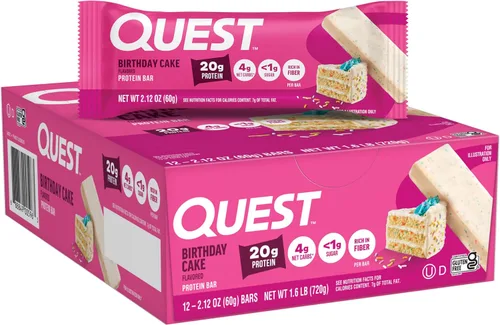 Barras de proteínas Quest Nutrition Pastel de Cumpleaños, 20g de proteína, 1g de azúcar, 4g de carbohidratos netos, sin gluten, aptas para ceto, 12