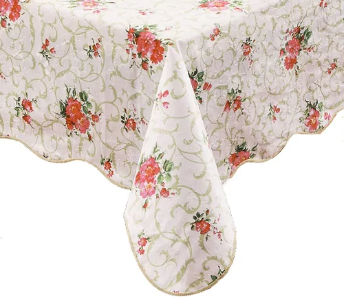 Mantel floral de manzanilla rosa resistente al agua, rectangular, con parte trasera de franela, mantel de plástico de vinilo con flores rojas,