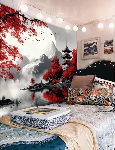 Miniatura 5 de Yookeb Tapiz Japonés de Montaña en Negro y Rojo 51 x 51 Pulgadas para Colgar en la Pared, Decoración de Anime de Asia, Paisaje de Bosque