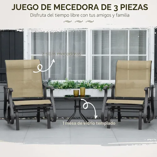 Miniatura 3 de Outsunny Juego de 3 planeadores para exteriores, mesa de bistró y sillas con marco de acero, mesa superior de vidrio templado para patio, jardín