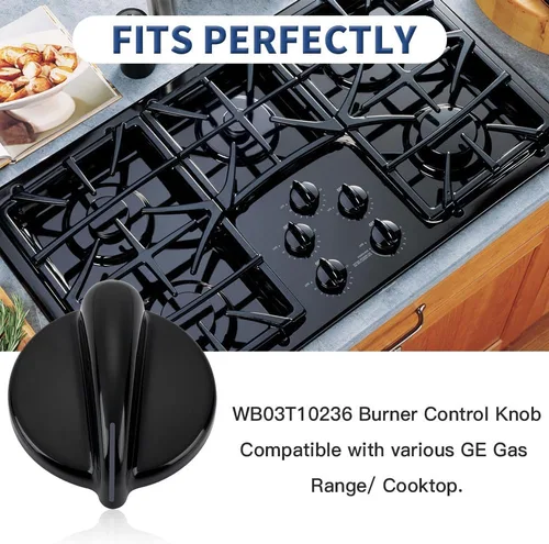 Miniatura 2 de 4 piezas de perillas de control de quemador WB03T10236, perillas de cocina de gas negras para estufa/cocina/horno GE, no universales