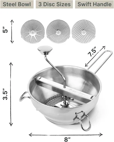 Miniatura 7 de Molinillo de alimentos de acero inoxidable con 3 discos, manivela giratoria ergonómica para salsa de tomate, puré de manzana, comida para bebés