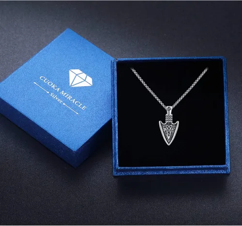 Miniatura 7 de CUOKA MIRACLE Collar vikingo de punta de flecha de plata de ley 25 para hombre, collar vikingo de punta de lanza con nudo celta y flecha