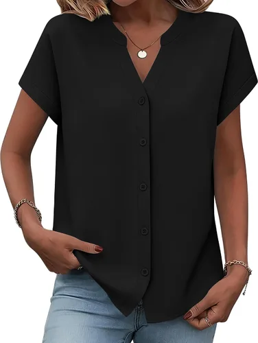 Miniatura 15 de Zeagoo Camisas con botones para mujer, camisetas de manga corta, cuello en V, blusas casuales de negocios