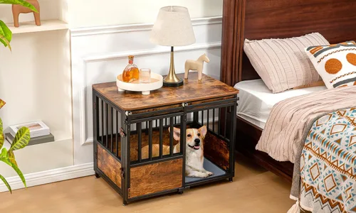 Miniatura 3 de KOOPRO Mueble de jaula para perros de 32 pulgadas con cojín para perros grandes y medianos, perrera de madera resistente con puertas dobles, jaula