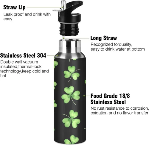 Miniatura 3 de Green Shamrocks Clovers Black Stainless Steel Vacuum Insulated Water Bottle 20 Oz, BPA-Free Sports Water Bottle with Straw Leakproof Water Bottles