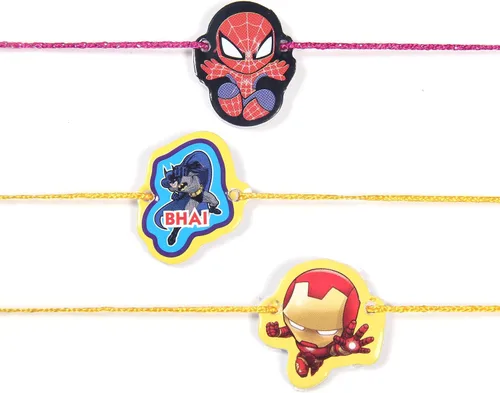 Miniatura 7 de Juego de 3 superhéroes Rakhi para hermano pequeño y hermana Rakhi de lujo para pequeño Bhai Bro Rakhi hilo RNJ0042, Algodón, No es una piedra