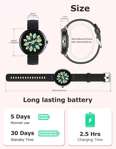 Miniatura 8 de Rastreador de Fitness, Relojes redondos de fitness para mujeres con Bluetooth, llamada, monitor de frecuencia cardíaca, rastreador de sueño, Negro