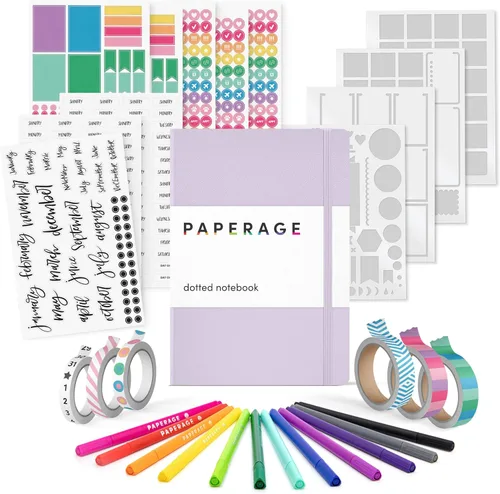 Miniatura 7 de PAPERAGE Kit de diario de viñetas, juego de diario punteado y kit estacionario, cuaderno de tapa dura con puntos (rubor), 12 bolígrafos finos, 8