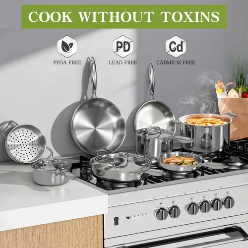 Miniatura 6 de Juego de ollas y sartenes de acero inoxidable de tres capas, juego de 12 piezas de utensilios de cocina de inducción EWFEN, apto para horno