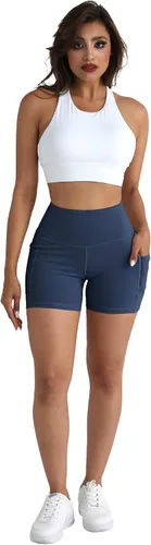 Miniatura 2 de CHRLEISURE Paquete de 4 pantalones cortos de yoga de elastano con bolsillos para mujer, pantalones cortos de entrenamiento de cintura alta