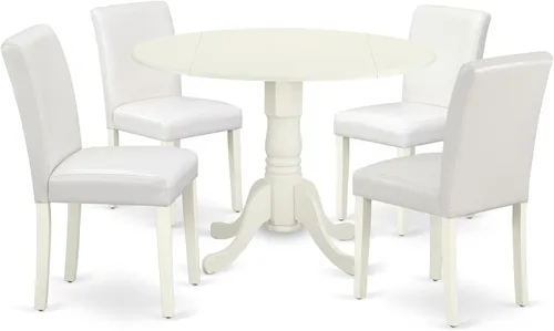 East West Furniture DLAB5-LWH-64 - Juego de mesa y sillas de cocina de 5 piezas, incluye una mesa de comedor redonda con gotas y 4 sillas de comedor