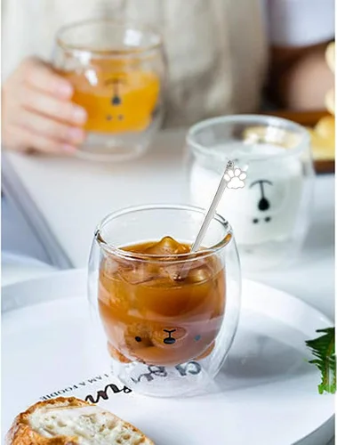 Miniatura 4 de Binoster Tazas Lindas de Oso Kawaii de Vidrio de Doble Pared para Café y Té, Taza de Yogur Divertida, Regalo Novedoso para Mujeres, Sus Amigas