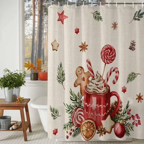 Miniatura 3 de Cortina de ducha navideña para baño, 72 x 72 pulgadas, diseño de hombre de jengibre retro, café, capuchino, cortina de ducha de lino con ganchos