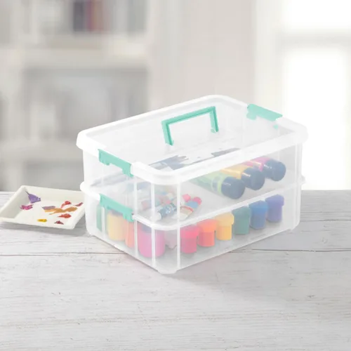 Miniatura 5 de Sterilite Paquete de 4 cajas de asas de 2 capas para almacenamiento en el hogar y la oficina, base transparente y tapa con pestillos