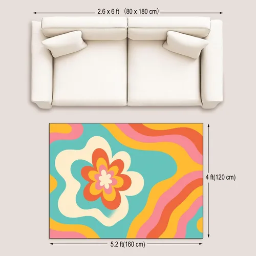 Miniatura 2 de Alfombras bohemias de 4 x 5 para sala de estar, para entrada, estilo retro, psicodélico, psicodélico, ondulado, estilo de los años setenta, alfombra