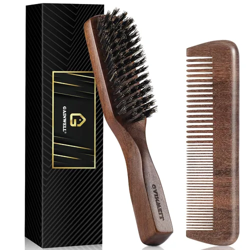 GAINWELL Juego de peine de pelo para hombre, cepillo de cerdas de jabalí con cerdas rígidas para cabello grueso, mango de sándalo dorado de nogal