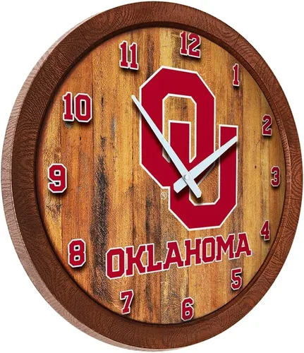 Miniatura 2 de The Fan-Brand NCAA Oklahoma Sooners: Reloj de pared con parte superior de barril de imitación para decoración de bar, decoración de fiesta