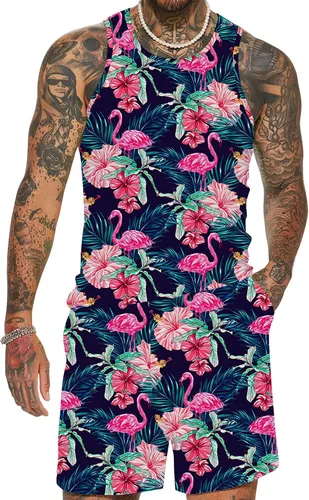 JoZorro Conjunto de camiseta sin mangas con estampado floral para hombre, camiseta deportiva casual con estampado de lujo, ropa deportiva hawaiana,