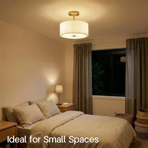 Miniatura 3 de Lámpara de techo moderna semiempotrada con pantalla de tela plisada, lámpara dorada de tambor de 12.5 pulgadas con luces, lámpara de lino blanco