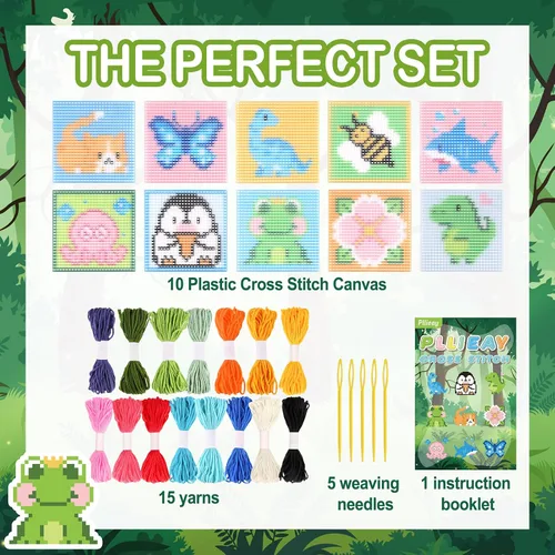 Miniatura 2 de Pllieay Kit de punto de cruz principiante 10 en 1 para niños, kit de bordado incluye 10 piezas de lienzo de malla plástica con patrón, 15 hilos, 5